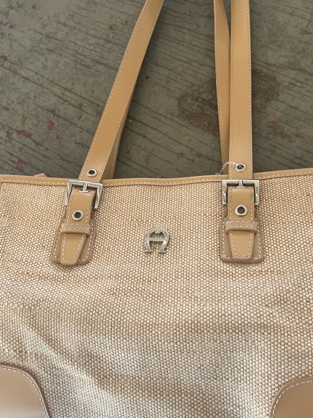 Beige Woven Tote Bag with Tan Trim
